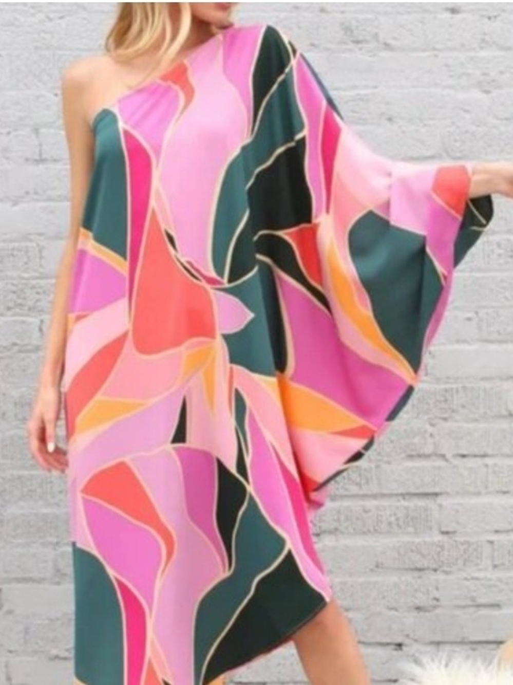 One-Shoulder Abstract Print Women’s FLORAL Dress in Pink & Green